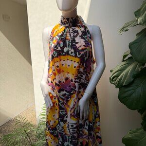 NWT Flowy Soft Floral & Butterfly Bright Print Halter Maxi Dress with Pockets
